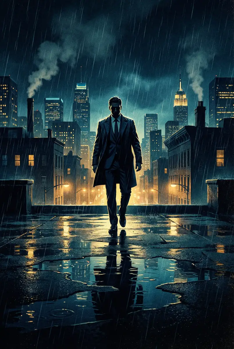林太一 出品影片《雨夜独行者》海报，雨中城市屋顶男性剪影